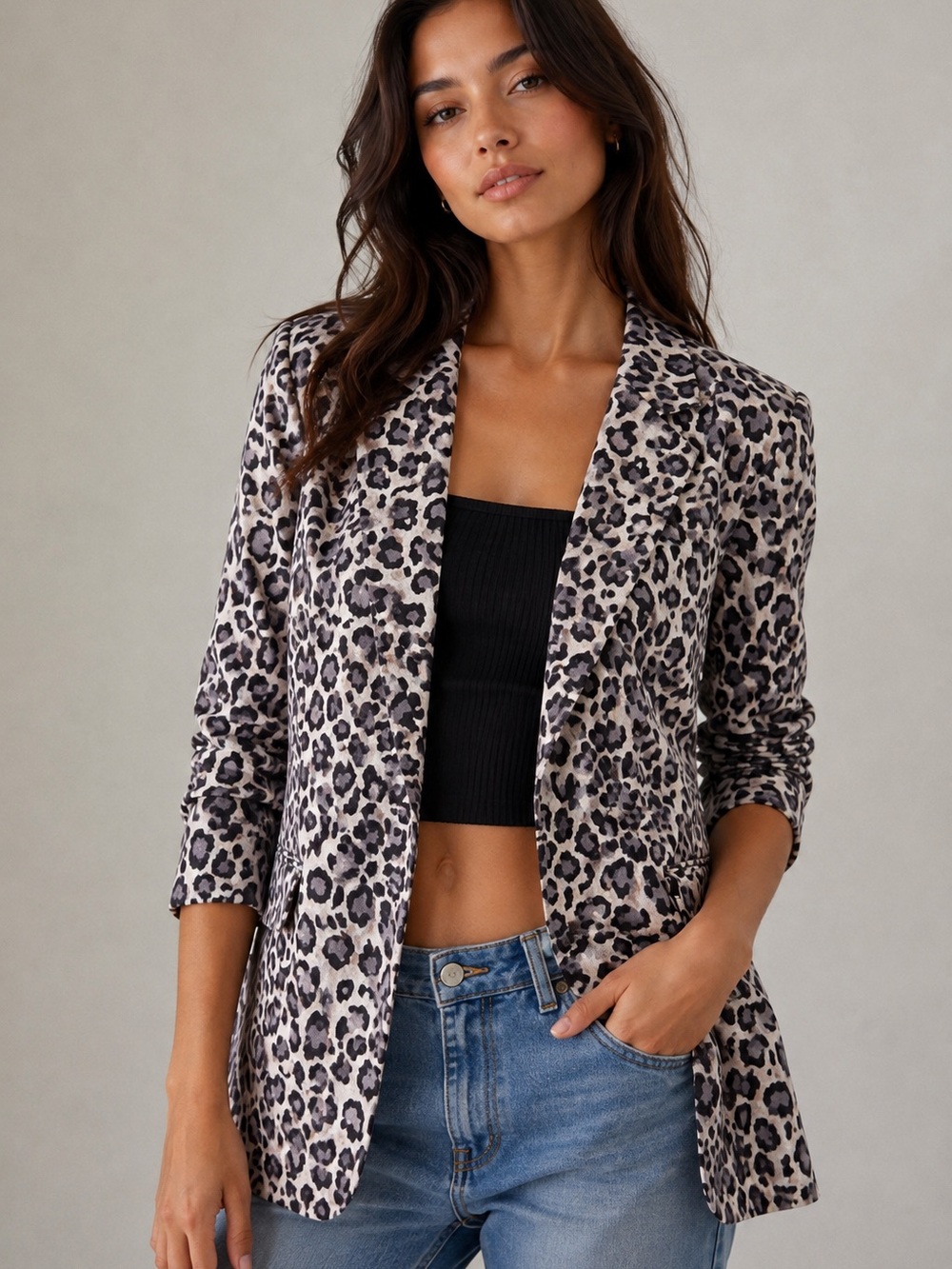 Rachel Zoe Leopard Print Linen Blend Open Front Blazer Size Large